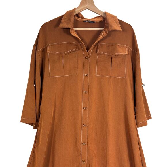 Pretty Garden Medium M Rust Brown Shirt Dress Pockets Roll Tab Sleeve Maxi - Picture 4 of 12